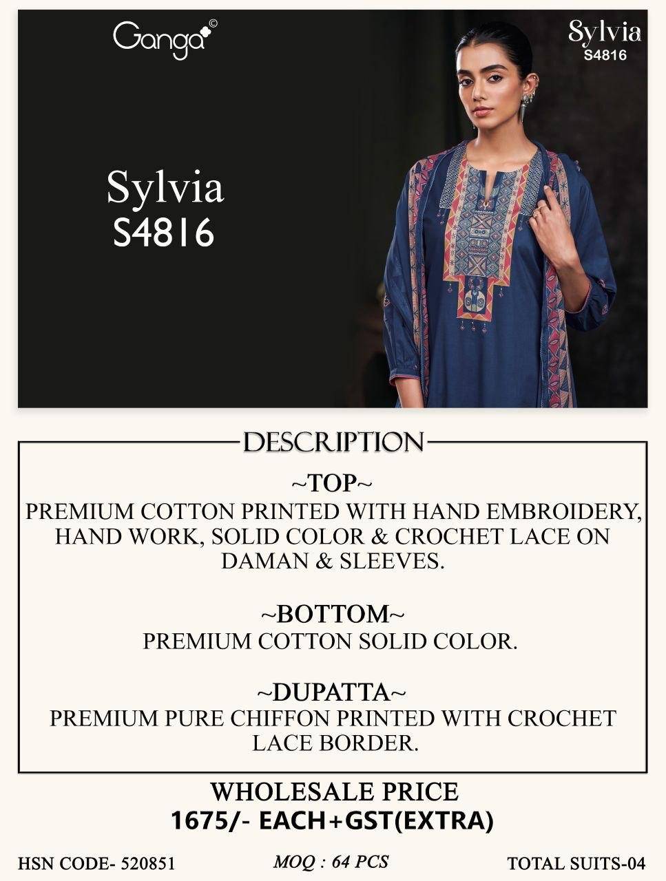 SYLVIA 4816 By GANGA 4816 A TO 4816 D Beautiful Festive Suits Stylish Colorful Fancy Casual Wear & Ethnic Wear PREMIUM COTTON Dresses At Wholesale Price